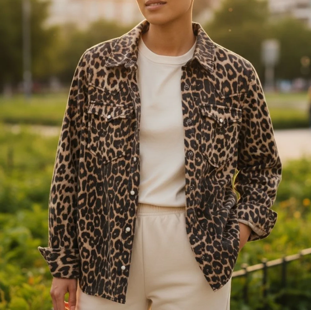 ALLSAINTS Ezra Leopard Print Snap Long Sleeved Jacket Top Size 0 - Picture 1 of 8